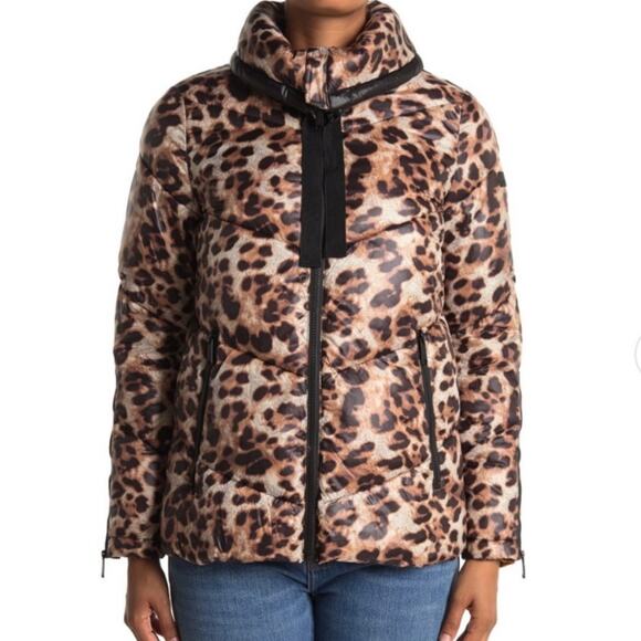 Sam Edelman Leopard Cheetah Print Puffer Funnel Neck Jacket Size M - Picture 1 of 15
